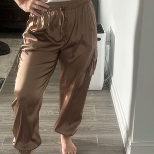 New With Tags NWT Glam Clothing Champagne Satin Cargo Joggers Size Small S